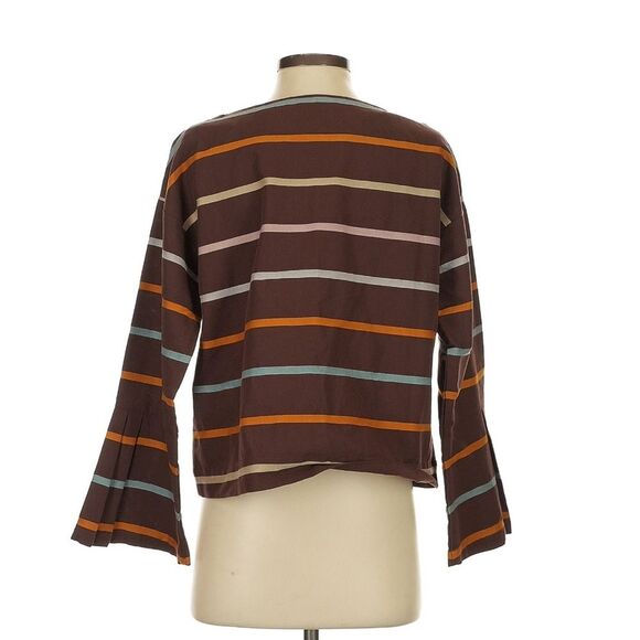 Kowtow Nelken Top 100% Organic Cotton 3/4 Bell Sleeve Brown Landscape Stripe Sm - Picture 2 of 6